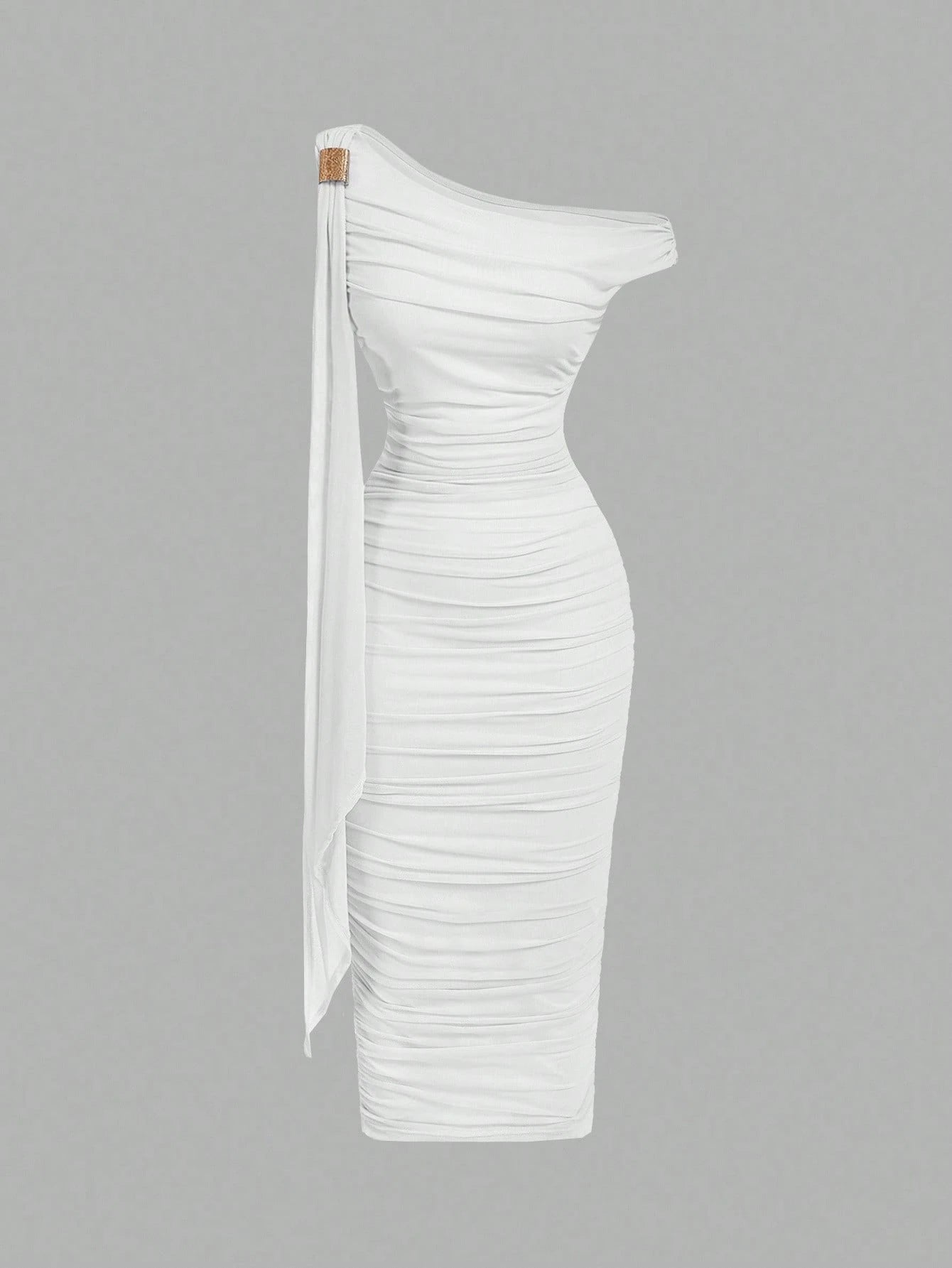 MOD Women's Solid Color Asymmetric Ruffle Tie Waist Midi Dress, Elegant & Fitted,Wedding Guest Dress Women