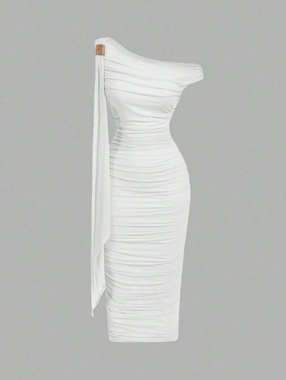 MOD Women's Solid Color Asymmetric Ruffle Tie Waist Midi Dress, Elegant & Fitted,Wedding Guest Dress Women