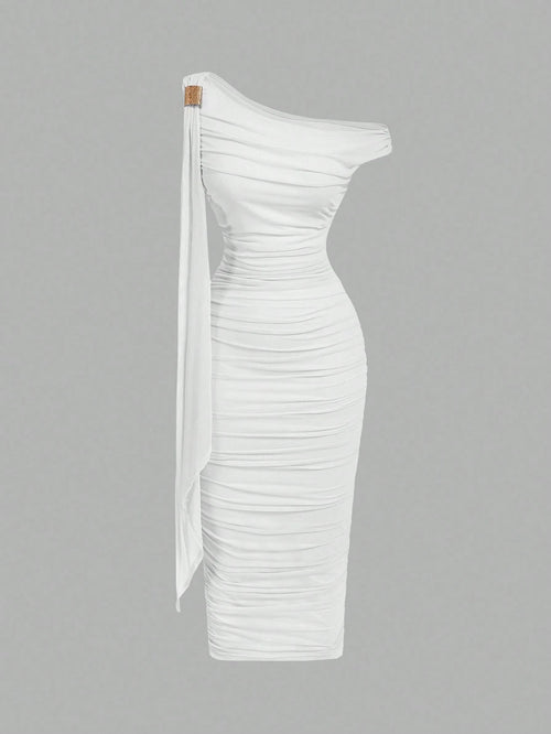 MOD Women's Solid Color Asymmetric Ruffle Tie Waist Midi Dress, Elegant & Fitted,Wedding Guest Dress Women