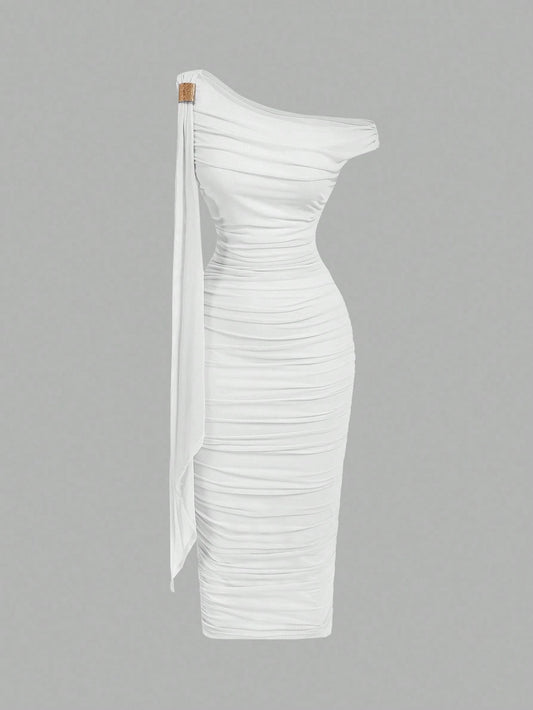MOD Women's Solid Color Asymmetric Ruffle Tie Waist Midi Dress, Elegant & Fitted,Wedding Guest Dress Women