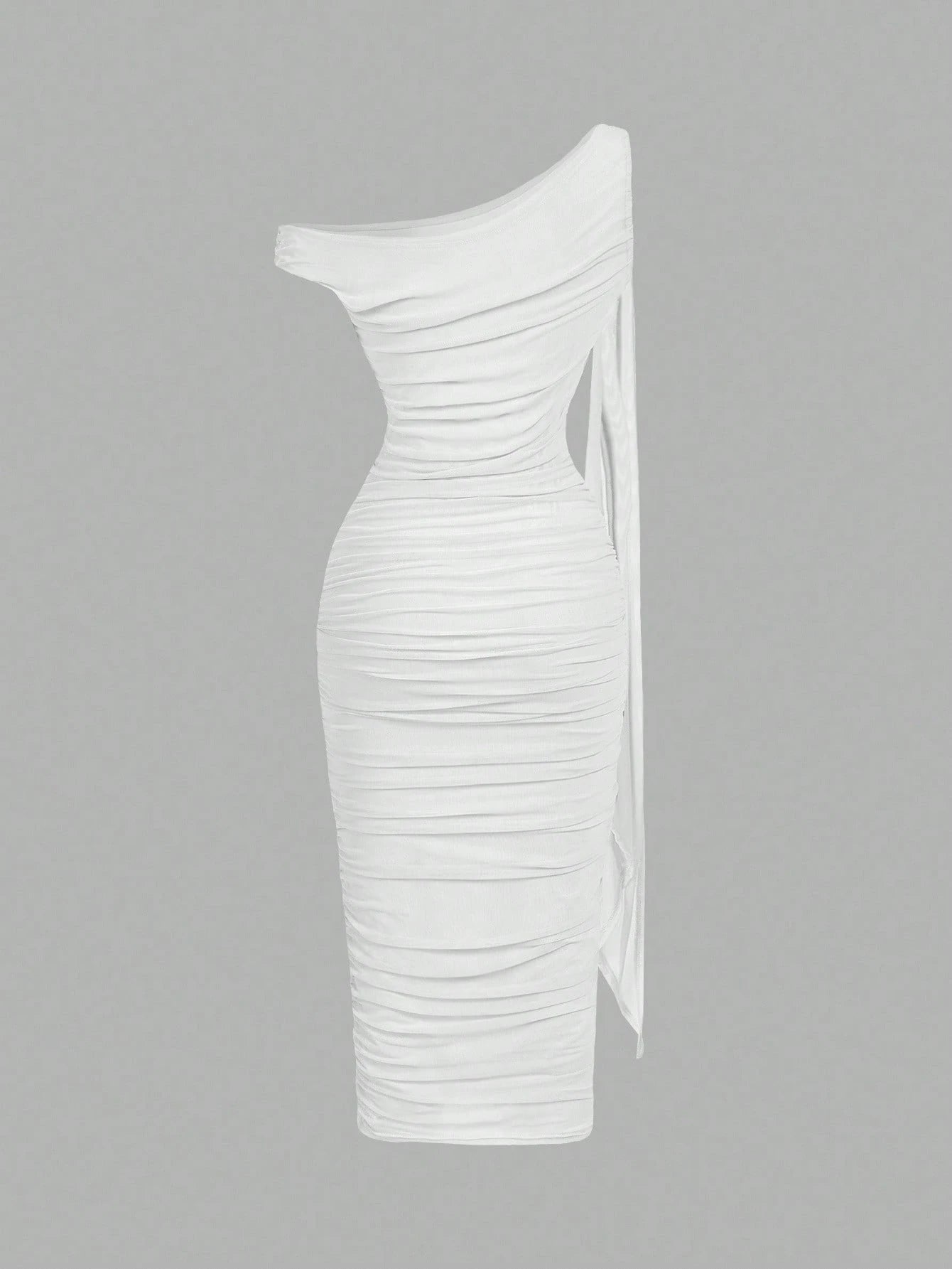 MOD Women's Solid Color Asymmetric Ruffle Tie Waist Midi Dress, Elegant & Fitted,Wedding Guest Dress Women