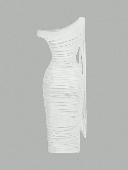 MOD Women's Solid Color Asymmetric Ruffle Tie Waist Midi Dress, Elegant & Fitted,Wedding Guest Dress Women