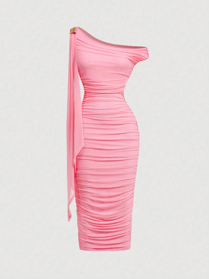 MOD Women's Solid Color Asymmetric Ruffle Tie Waist Midi Dress, Elegant & Fitted,Wedding Guest Dress Women