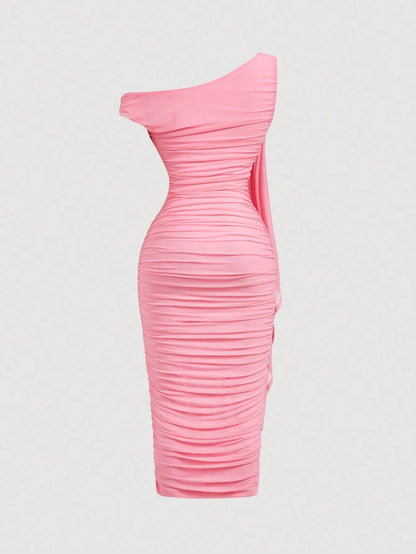 MOD Women's Solid Color Asymmetric Ruffle Tie Waist Midi Dress, Elegant & Fitted,Wedding Guest Dress Women