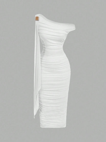 MOD Women's Solid Color Asymmetric Ruffle Tie Waist Midi Dress, Elegant & Fitted,Wedding Guest Dress Women