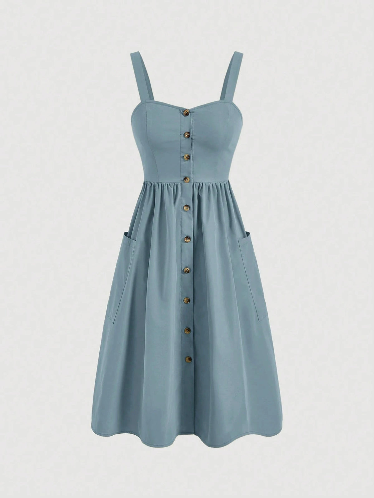 MOD Women's Solid Color Wide Strap Front Button Pocket Simple Casual Dress,Summer Dresses