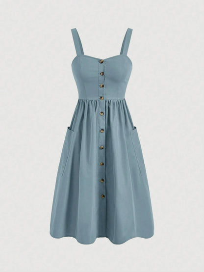 MOD Women's Solid Color Wide Strap Front Button Pocket Simple Casual Dress,Summer Dresses