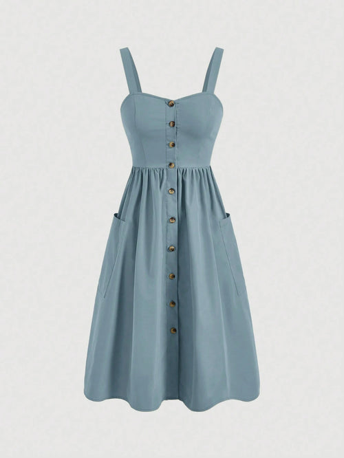 MOD Women's Solid Color Wide Strap Front Button Pocket Simple Casual Dress,Summer Dresses