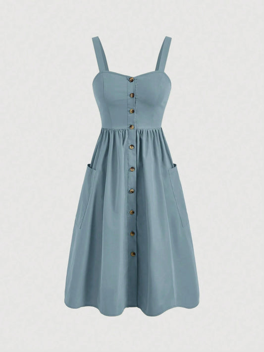 MOD Women's Solid Color Wide Strap Front Button Pocket Simple Casual Dress,Summer Dresses