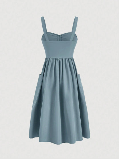 MOD Women's Solid Color Wide Strap Front Button Pocket Simple Casual Dress,Summer Dresses