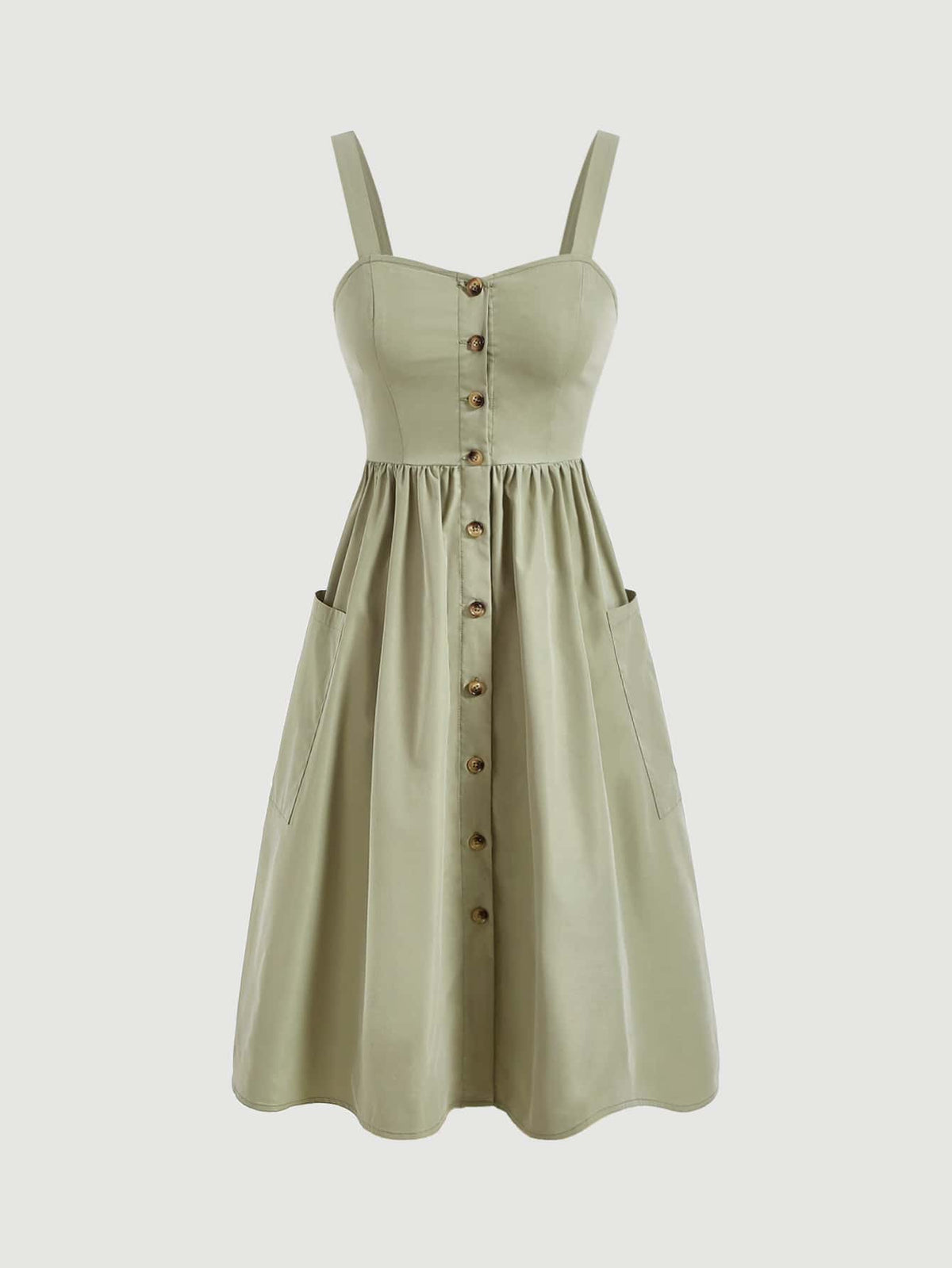 MOD Women's Solid Color Wide Strap Front Button Pocket Simple Casual Dress,Summer Dresses