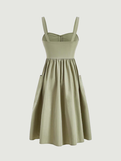 MOD Women's Solid Color Wide Strap Front Button Pocket Simple Casual Dress,Summer Dresses
