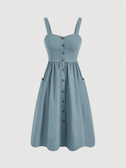 MOD Women's Solid Color Wide Strap Front Button Pocket Simple Casual Dress,Summer Dresses