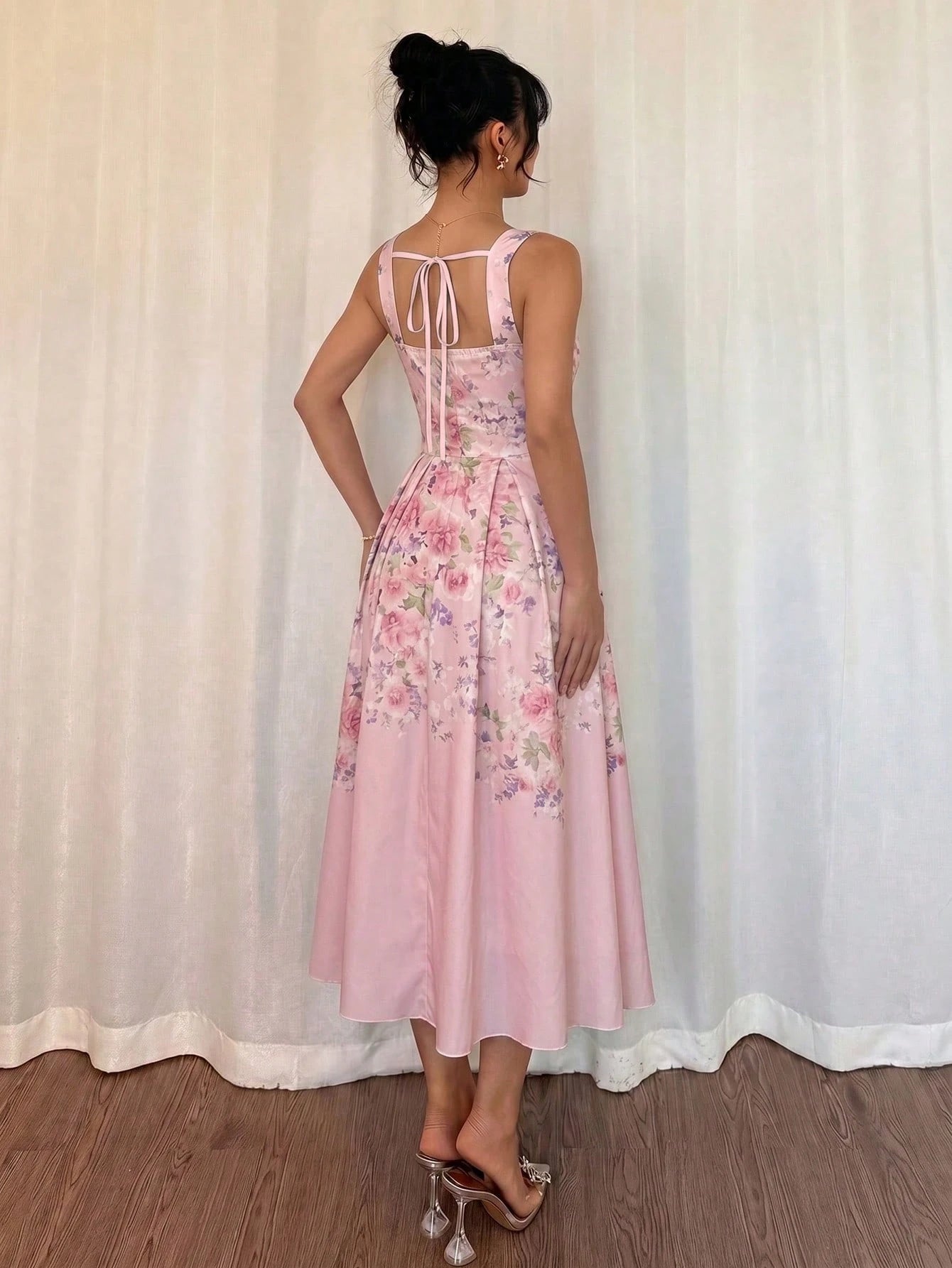 Modelyn Women's Apricot Woven Placement Digital Print Tie-Waist A-Line Midi Dress, Elegant & Romantic, Spring/Summer Summer Dresses For Women