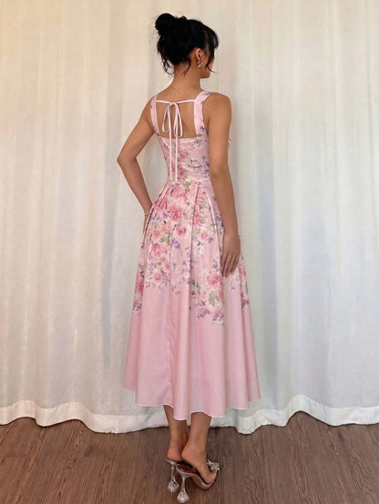 Modelyn Women's Apricot Woven Placement Digital Print Tie-Waist A-Line Midi Dress, Elegant & Romantic, Spring/Summer Summer Dresses For Women