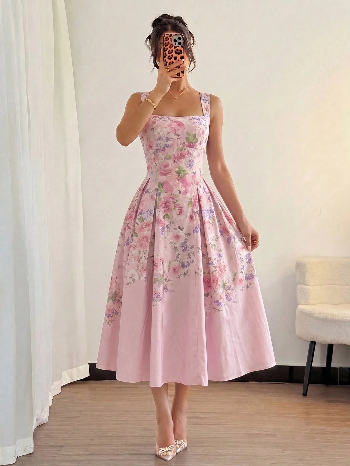 Modelyn Women's Apricot Woven Placement Digital Print Tie-Waist A-Line Midi Dress, Elegant & Romantic, Spring/Summer Summer Dresses For Women