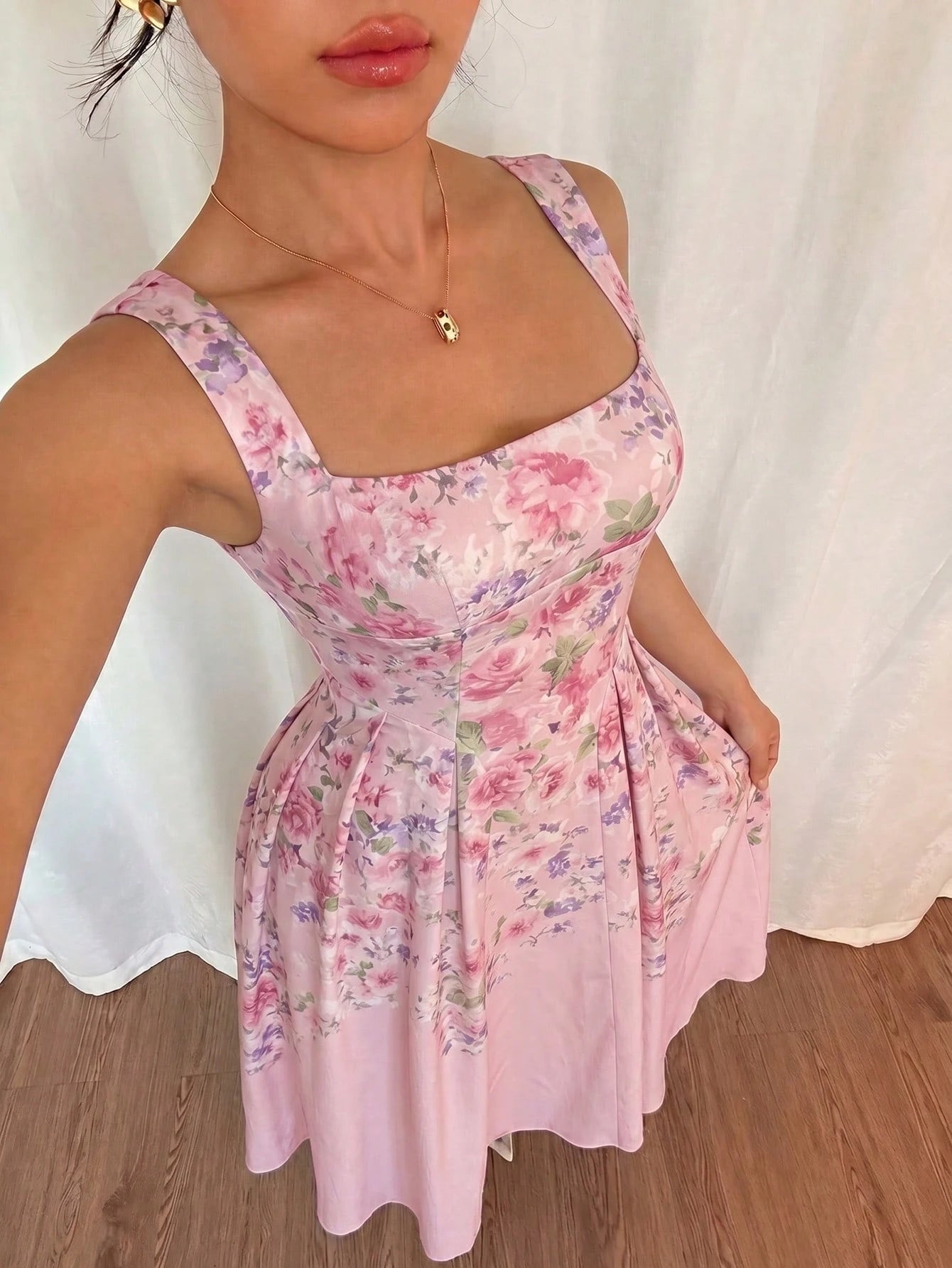 Modelyn Women's Apricot Woven Placement Digital Print Tie-Waist A-Line Midi Dress, Elegant & Romantic, Spring/Summer Summer Dresses For Women