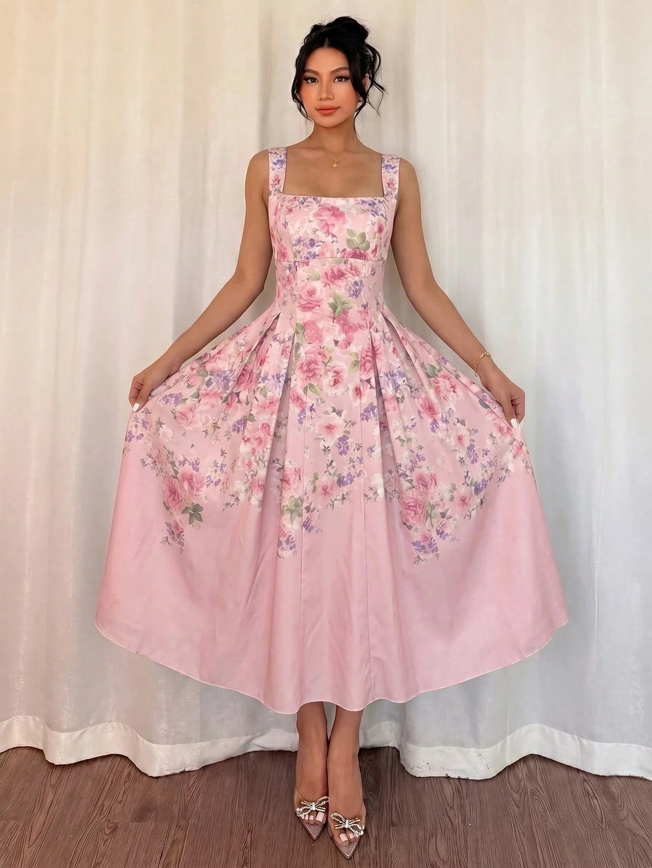 Modelyn Women's Apricot Woven Placement Digital Print Tie-Waist A-Line Midi Dress, Elegant & Romantic, Spring/Summer Summer Dresses For Women