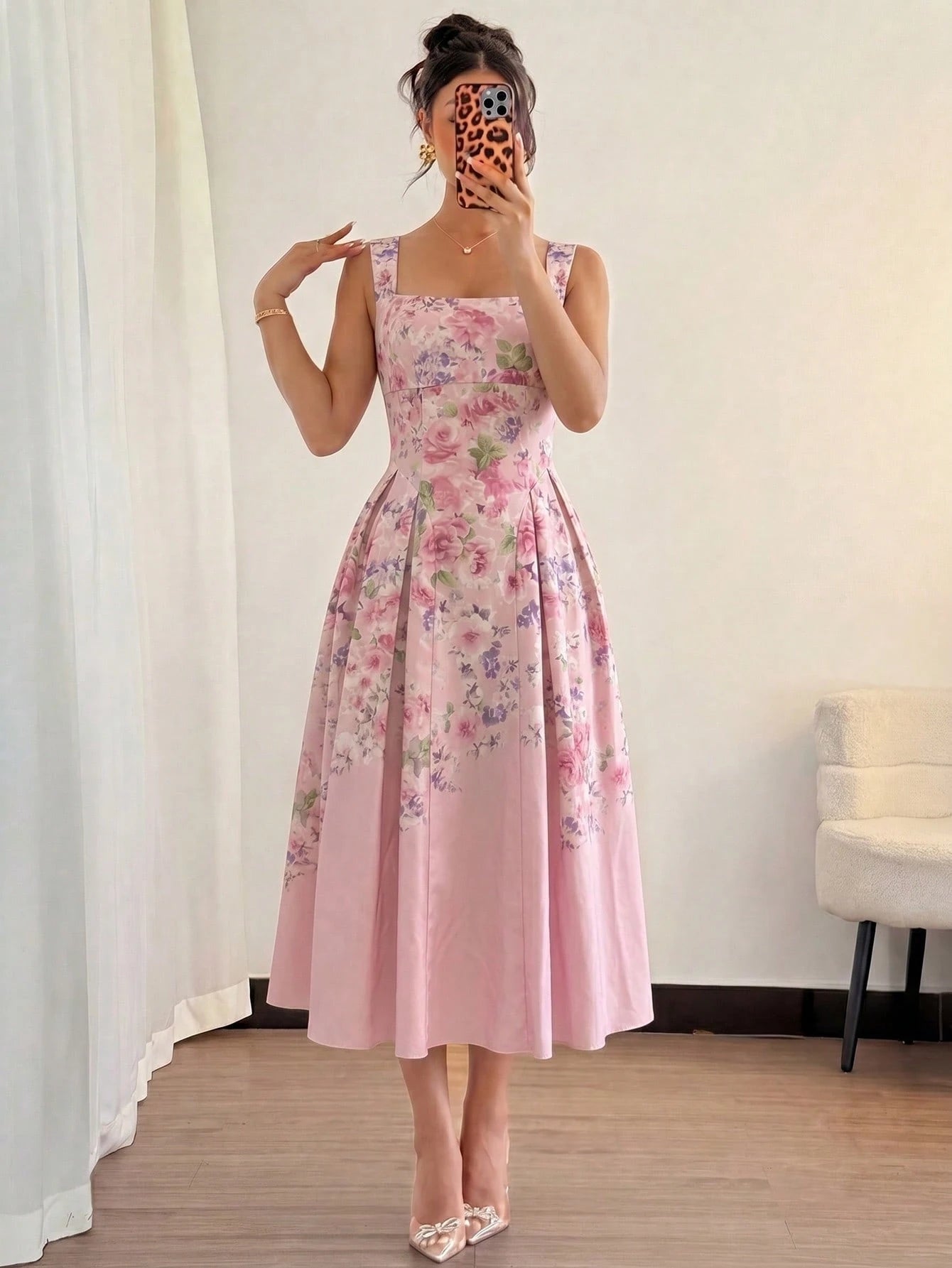 Modelyn Women's Apricot Woven Placement Digital Print Tie-Waist A-Line Midi Dress, Elegant & Romantic, Spring/Summer Summer Dresses For Women