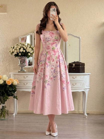 Modelyn Women's Apricot Woven Placement Digital Print Tie-Waist A-Line Midi Dress, Elegant & Romantic, Spring/Summer Summer Dresses For Women