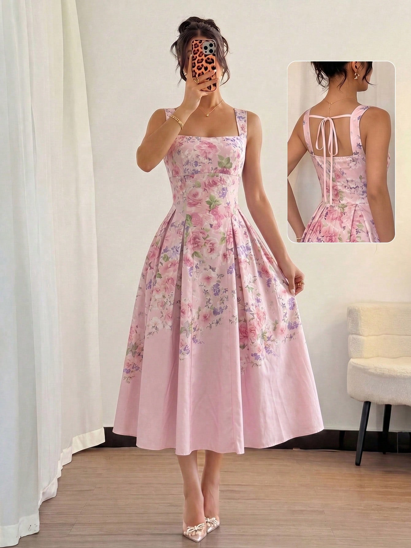 Modelyn Women's Apricot Woven Placement Digital Print Tie-Waist A-Line Midi Dress, Elegant & Romantic, Spring/Summer Summer Dresses For Women
