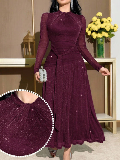 Modelyn Women's Elegant Deep Purple Midi Dress,Long Sleeves,Ruched Waist And Tie Detail,High-Elastic Shimmering Fabric Winter Party Wedding Guest Outfits