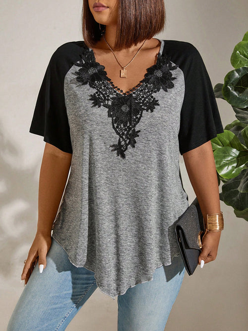 Momelise Plus Size Women's Lace Spliced Color-Block T-Shirt Women Graphic Tee Top For Summer