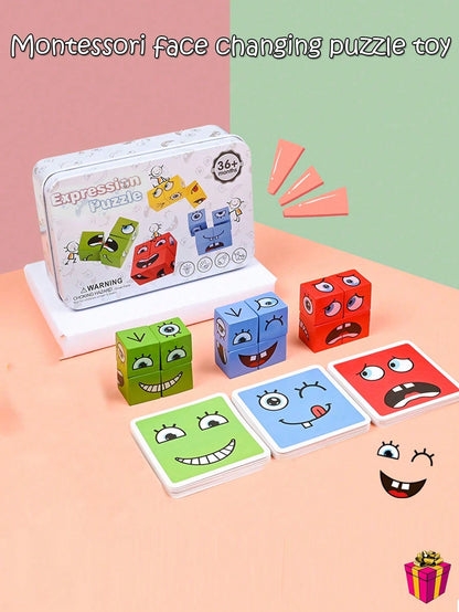 Montessori Children's Early Education Puzzle Face-Changing Building Block Toy Parent-Child Interactive Desktop Battle Game Wooden Smiling Face Expression