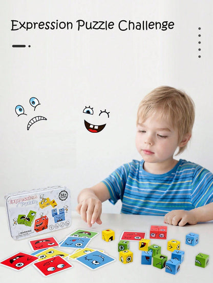 Montessori Children's Early Education Puzzle Face-Changing Building Block Toy Parent-Child Interactive Desktop Battle Game Wooden Smiling Face Expression