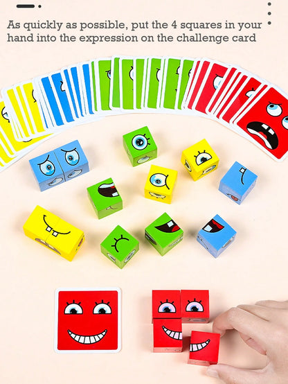Montessori Children's Early Education Puzzle Face-Changing Building Block Toy Parent-Child Interactive Desktop Battle Game Wooden Smiling Face Expression