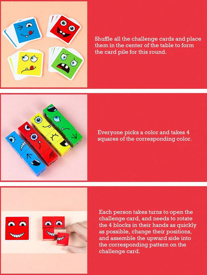 Montessori Children's Early Education Puzzle Face-Changing Building Block Toy Parent-Child Interactive Desktop Battle Game Wooden Smiling Face Expression