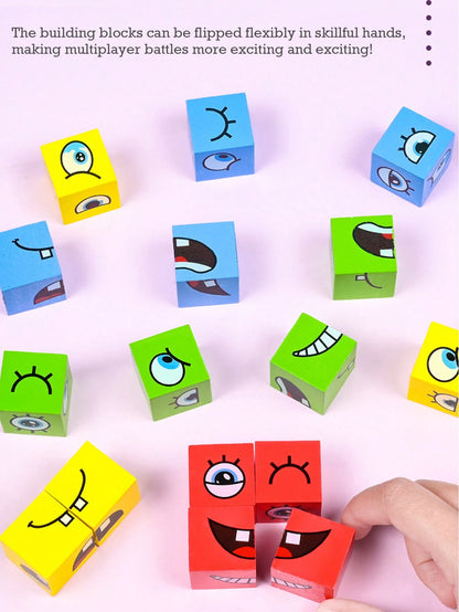 Montessori Children's Early Education Puzzle Face-Changing Building Block Toy Parent-Child Interactive Desktop Battle Game Wooden Smiling Face Expression