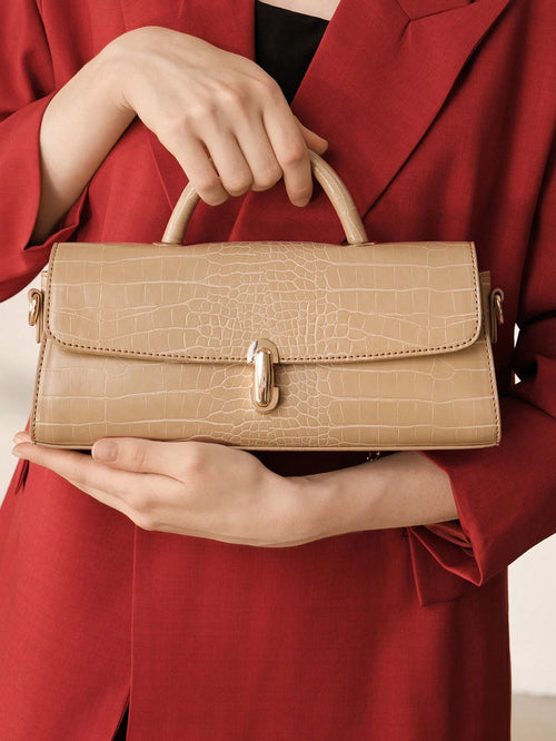 MOTF WOMEN'S FASHION APRICOT HANDBAG, EXQUISITE LOCK, RETRO CROCODILE PATTERN PU BAGUETTE BAG, SUITABLE FOR DAILY, COMMUTING, SHOPPING, GIFT GIVING