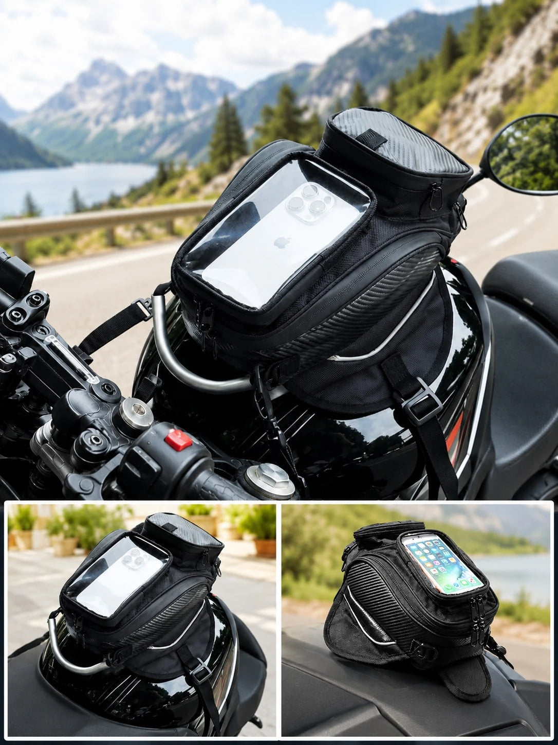Motorcycle Tank Bag, Magnetic Fuel Tank Bag With Touch Screen Phone Holder, Waterproof Oil Gas Tank Bag, Fits Phones Up To 6.9in, GPS Navigation Saddle Bag, Cell Phone Storage Pouch With Shoulder Stra