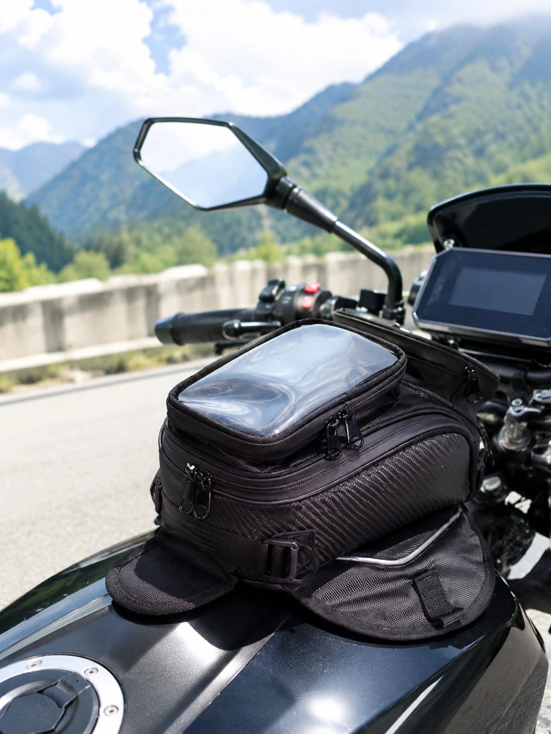 Motorcycle Tank Bag, Magnetic Fuel Tank Bag With Touch Screen Phone Holder, Waterproof Oil Gas Tank Bag, Fits Phones Up To 6.9in, GPS Navigation Saddle Bag, Cell Phone Storage Pouch With Shoulder Stra