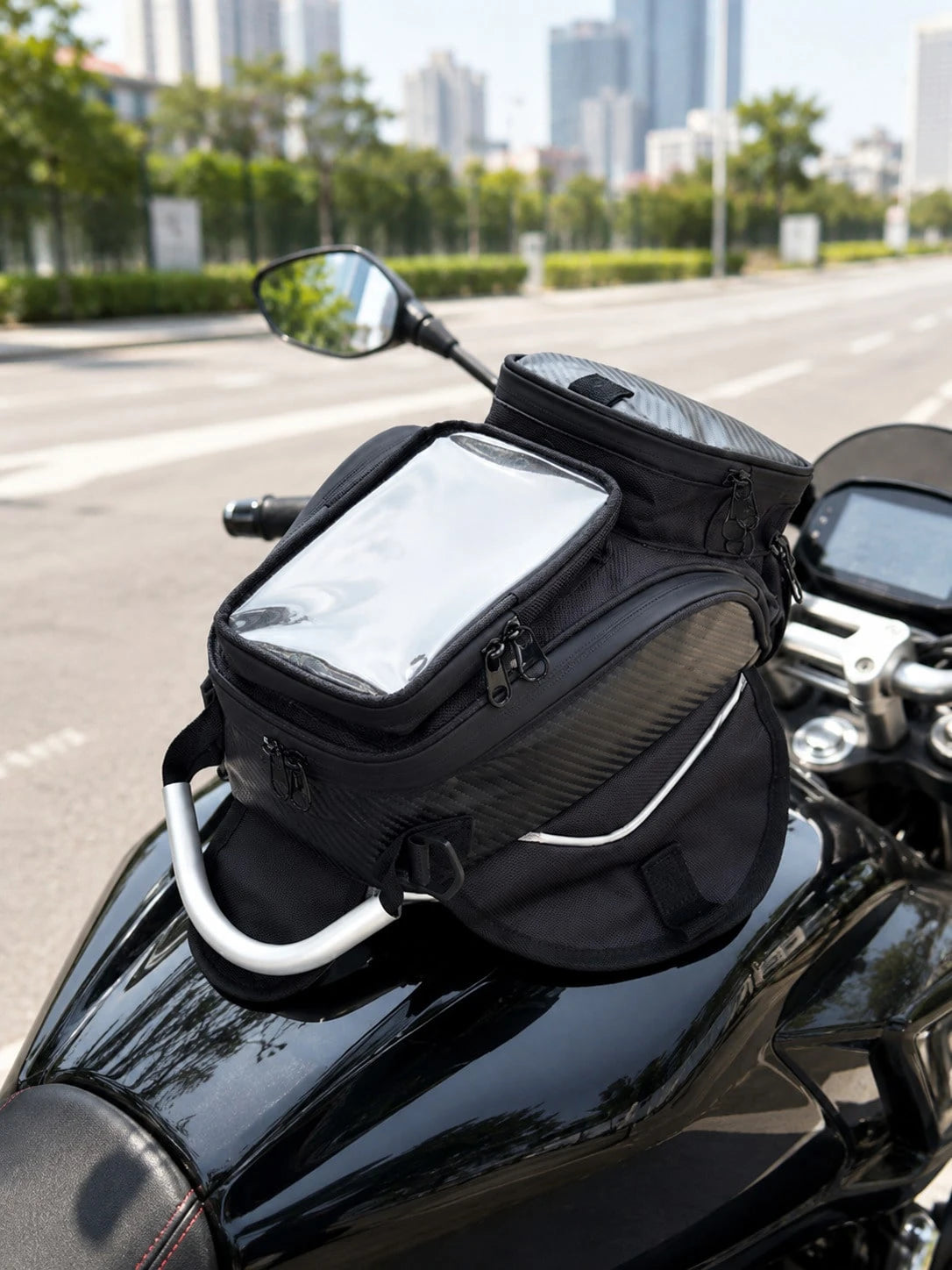 Motorcycle Tank Bag, Magnetic Fuel Tank Bag With Touch Screen Phone Holder, Waterproof Oil Gas Tank Bag, Fits Phones Up To 6.9in, GPS Navigation Saddle Bag, Cell Phone Storage Pouch With Shoulder Stra