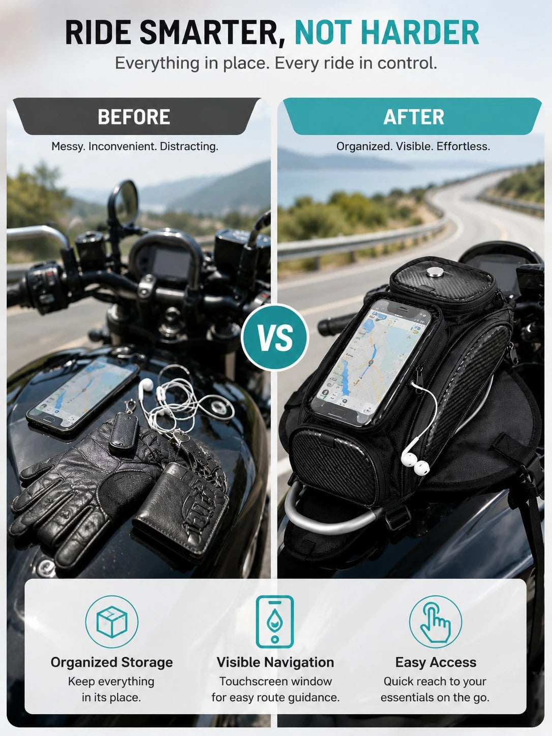 Motorcycle Tank Bag, Magnetic Fuel Tank Bag With Touch Screen Phone Holder, Waterproof Oil Gas Tank Bag, Fits Phones Up To 6.9in, GPS Navigation Saddle Bag, Cell Phone Storage Pouch With Shoulder Stra