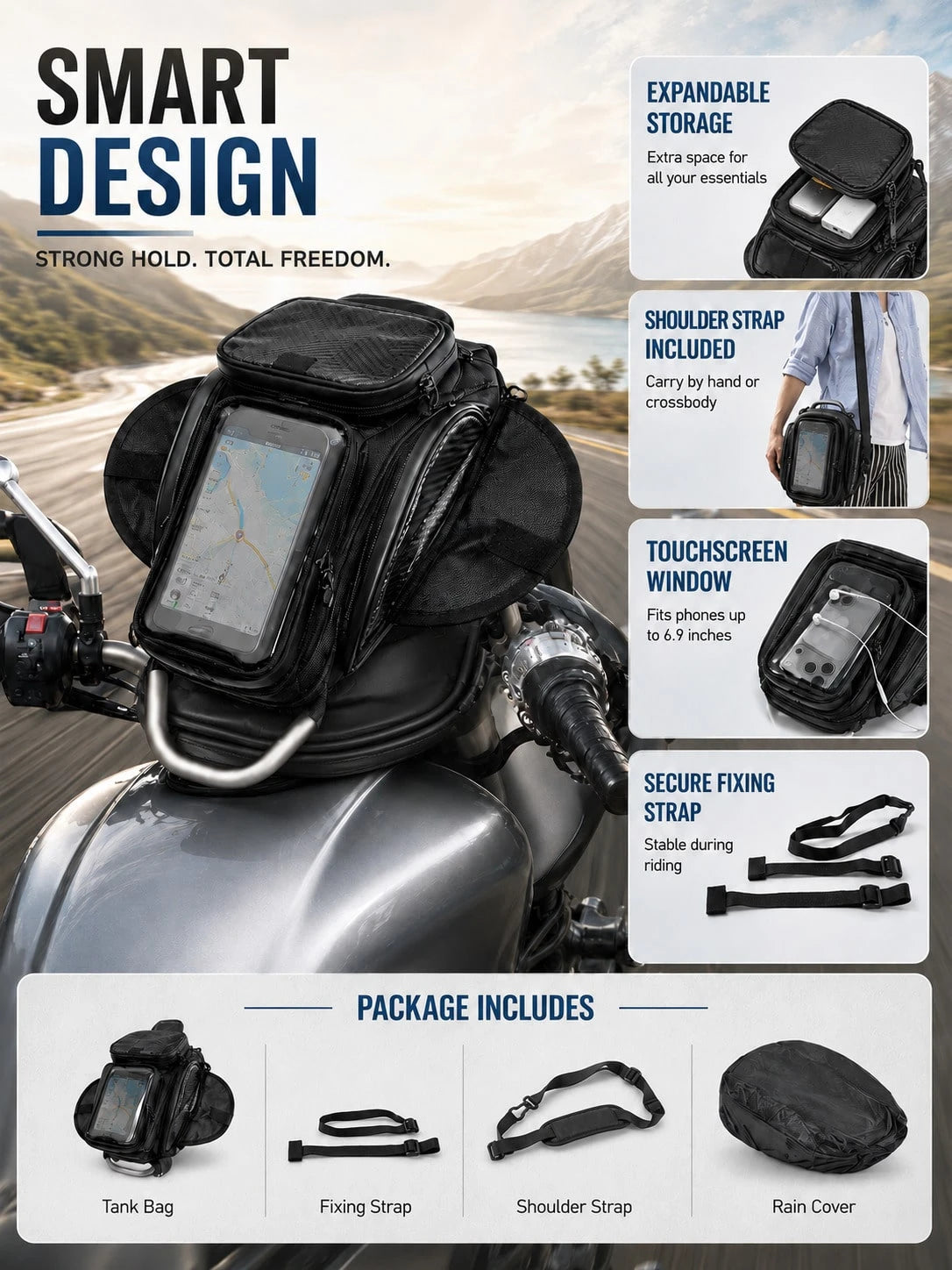 Motorcycle Tank Bag, Magnetic Fuel Tank Bag With Touch Screen Phone Holder, Waterproof Oil Gas Tank Bag, Fits Phones Up To 6.9in, GPS Navigation Saddle Bag, Cell Phone Storage Pouch With Shoulder Stra