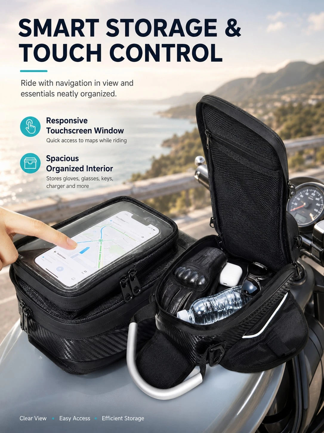 Motorcycle Tank Bag, Magnetic Fuel Tank Bag With Touch Screen Phone Holder, Waterproof Oil Gas Tank Bag, Fits Phones Up To 6.9in, GPS Navigation Saddle Bag, Cell Phone Storage Pouch With Shoulder Stra