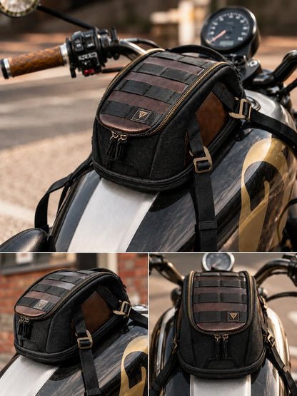 Motorcycle Tank Bag Magnetic Retro Style 3L-5L Expandable Waterproof Motorcycle Storage Bag Strong Magnet + Adjustable Shoulder Strap Rain Cover Non-Slip Base Mesh Phone Pocket Cafe Racer Bobber Cruis