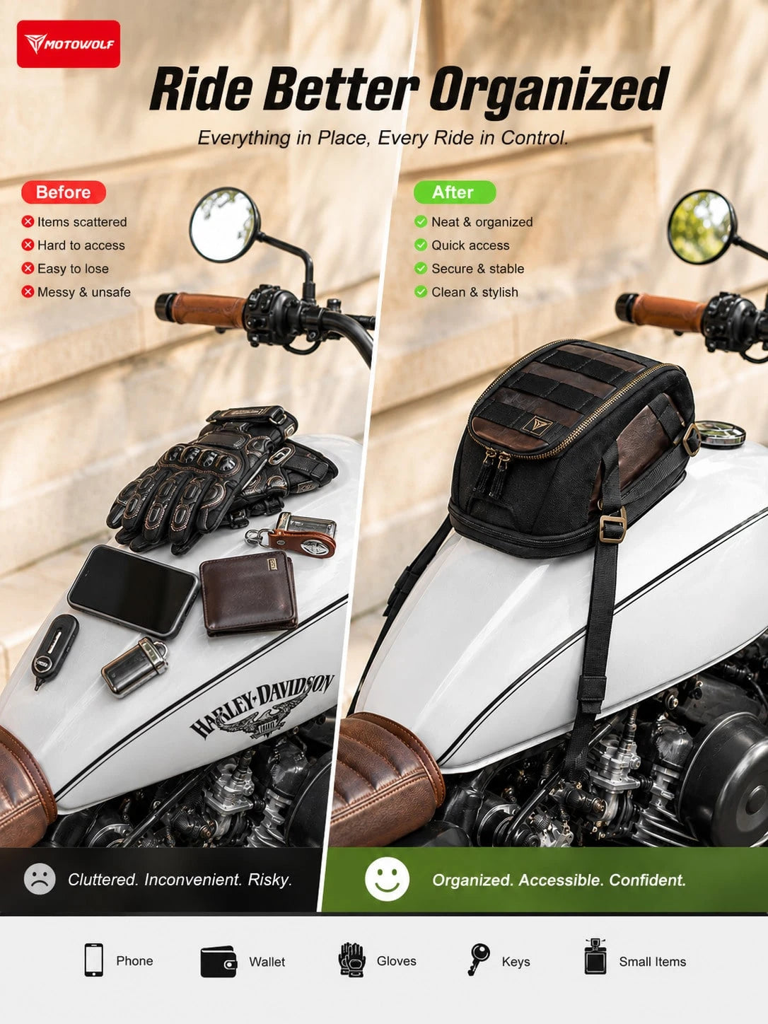 Motorcycle Tank Bag Magnetic Retro Style 3L-5L Expandable Waterproof Motorcycle Storage Bag Strong Magnet + Adjustable Shoulder Strap Rain Cover Non-Slip Base Mesh Phone Pocket Cafe Racer Bobber Cruis