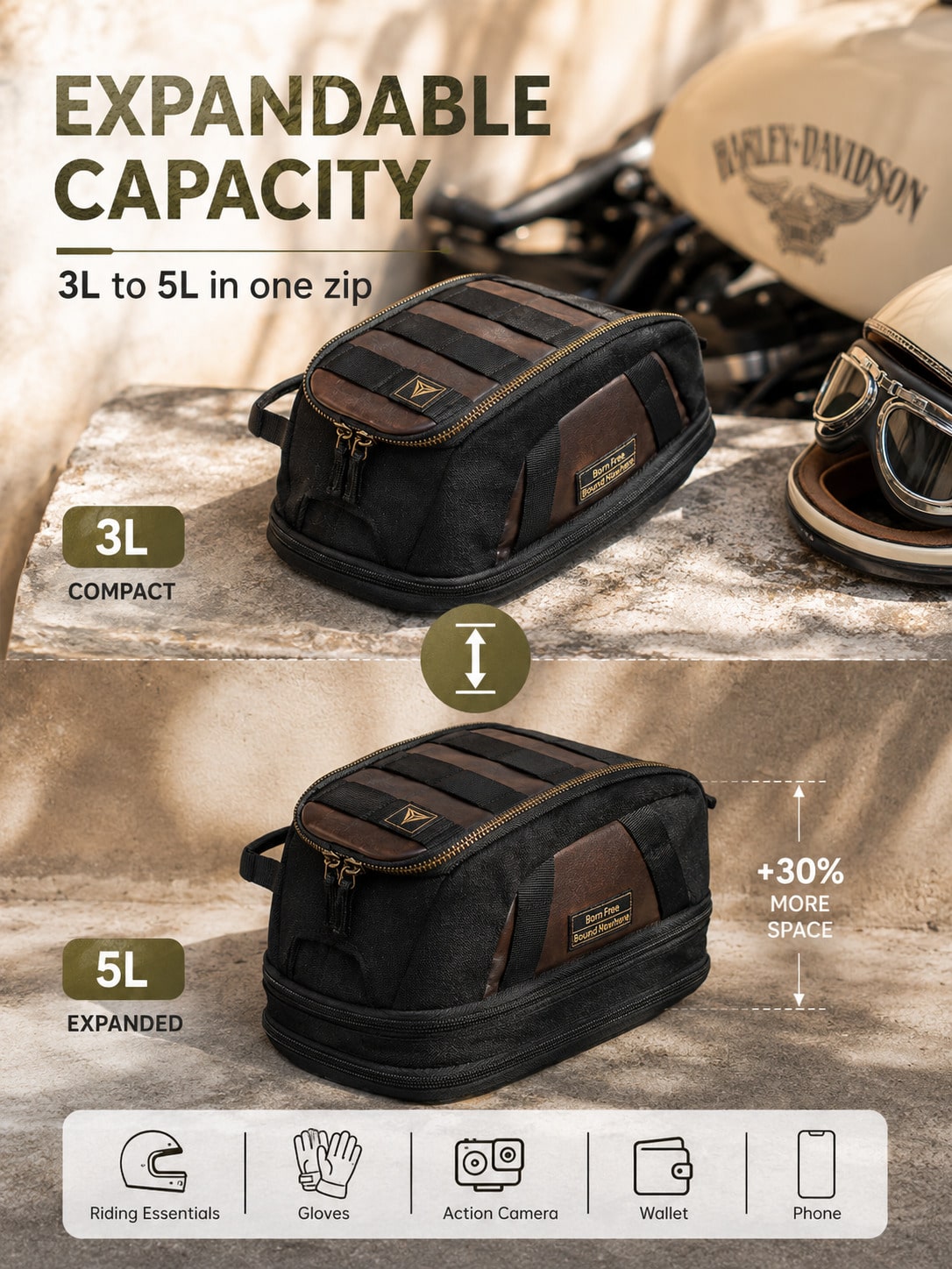 Motorcycle Tank Bag Magnetic Retro Style 3L-5L Expandable Waterproof Motorcycle Storage Bag Strong Magnet + Adjustable Shoulder Strap Rain Cover Non-Slip Base Mesh Phone Pocket Cafe Racer Bobber Cruis