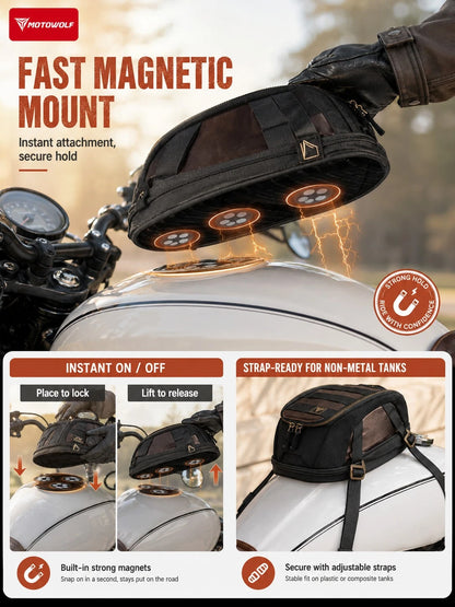 Motorcycle Tank Bag Magnetic Retro Style 3L-5L Expandable Waterproof Motorcycle Storage Bag Strong Magnet + Adjustable Shoulder Strap Rain Cover Non-Slip Base Mesh Phone Pocket Cafe Racer Bobber Cruis