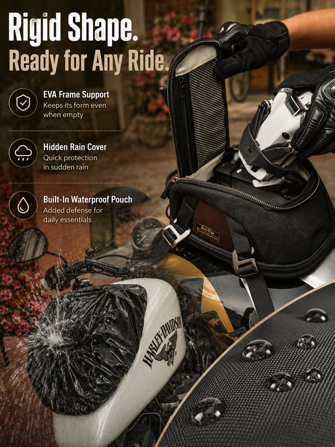 Motorcycle Tank Bag Magnetic Retro Style 3L-5L Expandable Waterproof Motorcycle Storage Bag Strong Magnet + Adjustable Shoulder Strap Rain Cover Non-Slip Base Mesh Phone Pocket Cafe Racer Bobber Cruis