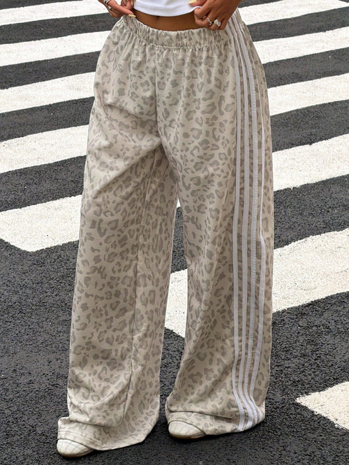 Muchica Women's Elastic Waist Casual Versatile Commuting Wide Leg Sweatpants Cheetah Print Bottoms