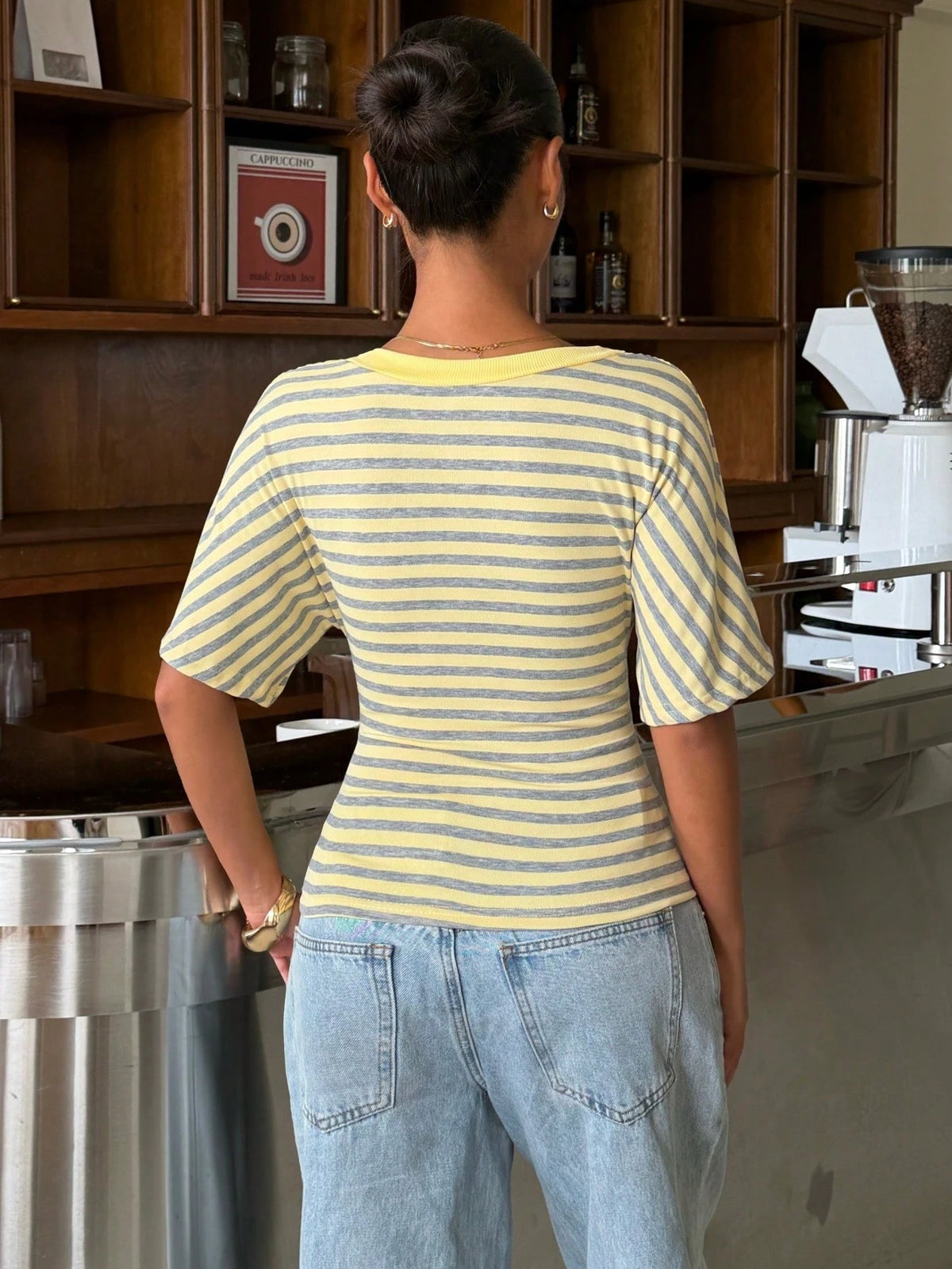 Muchica Yellow Striped V-Neck Short Sleeve Knit T-Shirt For Women,Summer Top
