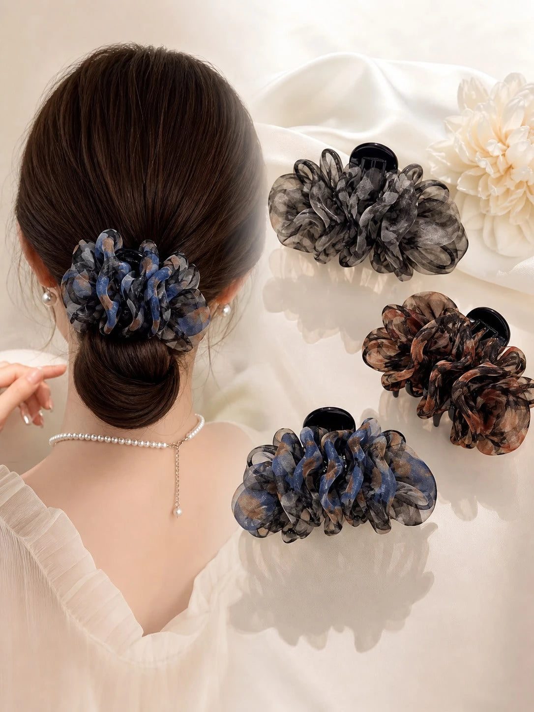 Multi-Color Navy Blue Chiffon Fabric Plastic Bird Nest Hair Clip, Expandable Ponytail Holder, Elegant Korean Slouchy Bun Styling Tool, Star-Shaped Hair Clip, Geometric Styling Tool, Suitable For Women
