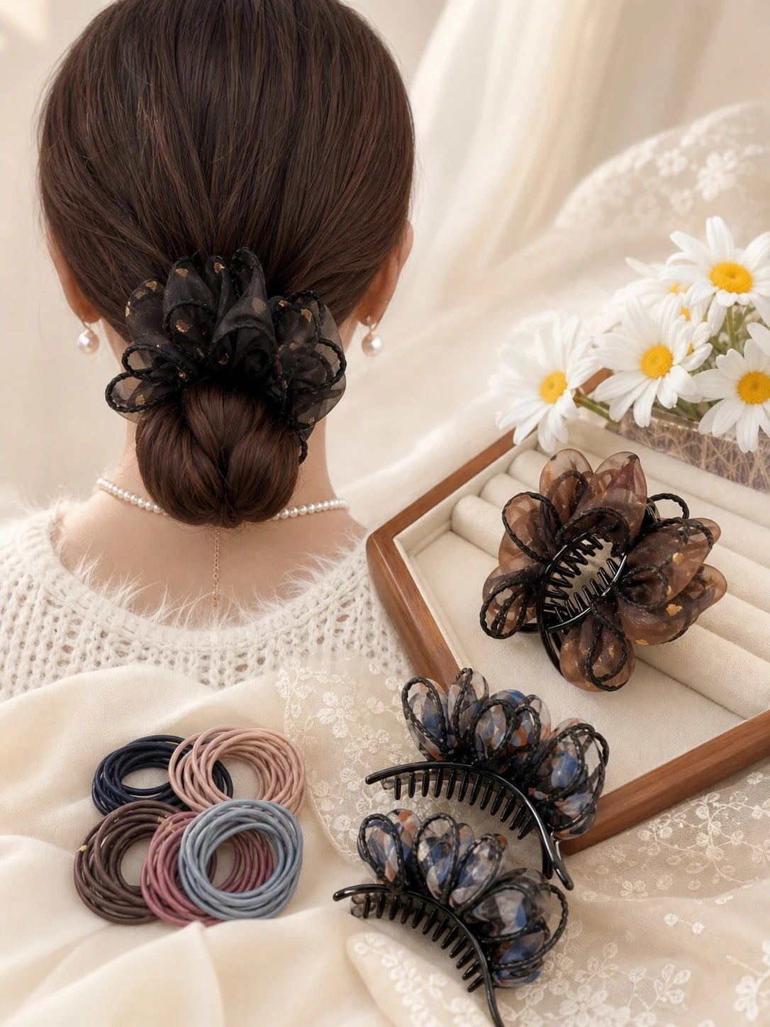 Multi-Color Navy Blue Chiffon Fabric Plastic Bird Nest Hair Clip, Expandable Ponytail Holder, Elegant Korean Slouchy Bun Styling Tool, Star-Shaped Hair Clip, Geometric Styling Tool, Suitable For Women