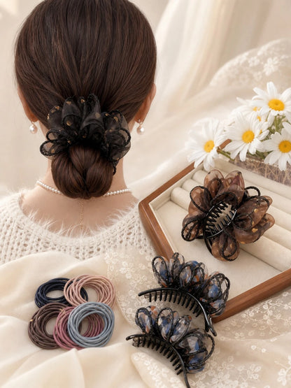 Multi-Color Navy Blue Chiffon Fabric Plastic Bird Nest Hair Clip, Expandable Ponytail Holder, Elegant Korean Slouchy Bun Styling Tool, Star-Shaped Hair Clip, Geometric Styling Tool, Suitable For Women