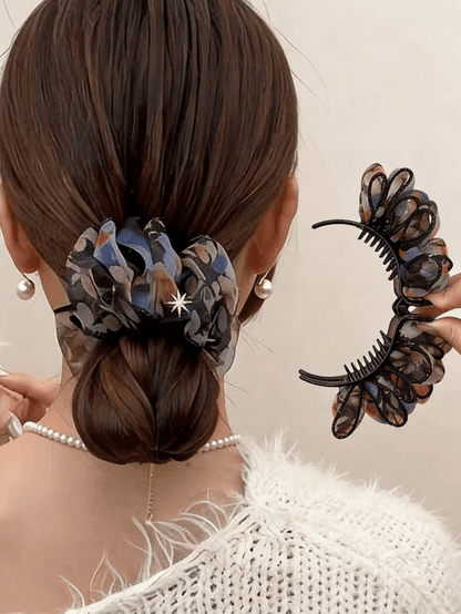 Multi-Color Navy Blue Chiffon Fabric Plastic Bird Nest Hair Clip, Expandable Ponytail Holder, Elegant Korean Slouchy Bun Styling Tool, Star-Shaped Hair Clip, Geometric Styling Tool, Suitable For Women